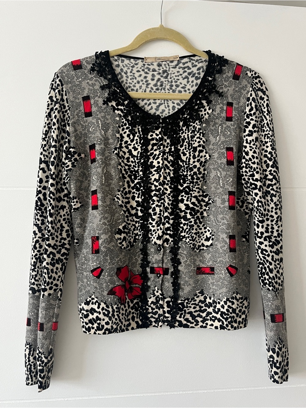 Blumarine Made in Italy Leopard Lace Print Embellished Cardigan Top Y2K size L
